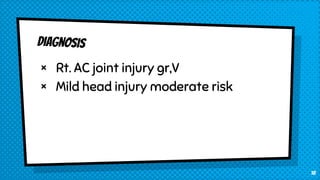 × Rt. AC joint injury gr,V
× Mild head injury moderate risk
18
 