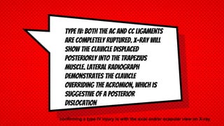 Type IV: Both the AC and CC ligaments
are completely ruptured. X-ray will
show the clavicle displaced
posteriorly into the trapezius
muscle. Lateral radiograph
demonstrates the clavicle
overriding the acromion, which is
suggestive of a posterior
dislocation
confirming a type IV injury is with the axial and/or scapular view on X-ray
 