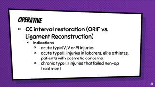 × CC interval restoration (ORIF vs.
Ligament Reconstruction)
× indications
× acute type IV, V or VI injuries
× acute type III injuries in laborers, elite athletes,
patients with cosmetic concerns
× chronic type III injuries that failed non-op
treatment
52
 