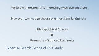 Expertise Search: Scope ofThis Study
We know there are many interesting expertise out there ..
However, we need to choose one most familiar domain
Bibliographical Domain
&
Researchers/Authors/Academics
 