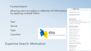 Expertise Search: Motivation
Faceted Search
allowing users to explore a collection of information
by applying multiple filters.
Year
Venue
Type
Coauthor
…
 