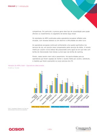 MAVAM | 1. Introdução 
competitivas. Em particular, é preciso gerar esse tipo de consolidação para poder 
afrontar os investimentos no segmento de banda larga móvel. 
Os resultados da ARPU publicados pelas operadoras europeias refletem esta 
situação, com receitas estáveis ou em declínio e dificuldades de obter lucro. 
As operadoras europeias continuam enfrentando uma queda significativa nos 
serviços de voz, em poucos casos compensados pelos serviços de dados. A receita 
média por usuário nunca esteve tão pressionada como agora ao ter que lidar com 
tarifas de interconexão mais baixas e price-caps nas tarifas de roaming. 
Porém, neste cenário nem tudo é pessimismo. Há oportunidades para as 
operadoras que forem capazes de manter a receita média por usuário, sobretudo, 
à medida que forem avançando os novos serviços de LTE. 
| 12 | 
Variação da ARPU total - Operadoras selecionadas 
T4 2013 vs. T2 2014 
USD 12 
USD 43 
USD 42 
USD 10 
USD 10 
USD 10 
USD 19 
USD 36 
USD 21 
USD 25 
USD 17 
AT&T EUA 
T-Mobile EUA 
Telefónica Espanha 
NTT Docomo 
Japão 
China Mobile* 
Telefónica Brasil 
Telefónica O2 
Reino Unido 
Deutsche 
Telekom Alemanha 
Telefónica O2 
Alemanha 
Telefónica 
Hispanoamérica 
América 
Móvel 
América latina 
ARPU Mensal - Dólares T4 2013 ARPU Mensal - Dólares T1 2014 ARPU Mensal - Dólares T2 2014 
Fonte: Convergencia Research com base nas 
demonstrações financeiras das operadoras. 
 