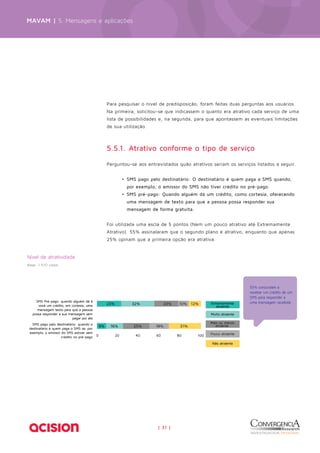 MAVAM | 5. Mensagens e aplicações 
Para pesquisar o nível de predisposição, foram feitas duas perguntas aos usuários. 
Na primeira, solicitou-se que indicassem o quanto era atrativo cada serviço de uma 
lista de possibilidades e, na segunda, para que apontassem as eventuais limitações 
de sua utilização. 
5.5.1. Atrativo conforme o tipo de serviço 
Perguntou-se aos entrevistados quão atrativos seriam os serviços listados a seguir. 
• SMS pago pelo destinatário: O destinatário é quem paga a SMS quando, 
por exemplo, o emissor do SMS não tiver crédito no pré-pago. 
• SMS pré-pago: Quando alguém dá um crédito, como cortesia, oferecendo 
uma mensagem de texto para que a pessoa possa responder sua 
mensagem de forma gratuita. 
Foi utilizada uma escla de 5 pontos (Nem um pouco atrativo até Extremamente 
Atrativo). 55% assinalaram que o segundo plano é atrativo, enquanto que apenas 
25% opinam que a primeira opção era atrativa. 
23 32 
23 10 E 
0 20 40 
60 80 100 
| 31 | 
SMS Pré-pago: quando alguém dá á à 
você um crédito, em cortesia, uma 
um 
ma 
mensagem texto para que a pessoa 
pess 
possa responder a sua mensagem sem 
se 
em 
pagar por ela 
e 
SMS pago pelo destinatário: quando o o 
destinatário é quem paga o SMS se, , p 
por 
exemplo, o emissor do SMS estiver se 
sem 
em 
crédito no pré-pago 
23% 32% 23% 10% 12% 
9% 16% 55% concordam e 
receber um crédito cré 
dito de um 
SMS para responder onder a 
Extremamente 
uma mensagem 
recebida 
atraente 
Muito atraen 
atraente 
Mais ou menos 
atraen 
atraente 
ouco atraen 
Pouco atraente 
m go 
pa 
oa 
% % 
25% 
% % 19% 31% 
M 
M 
P 
N 
respo 
te 
te 
te 
Não atraente 
m Nível de atratividade 
Base: 1.510 casos 
 