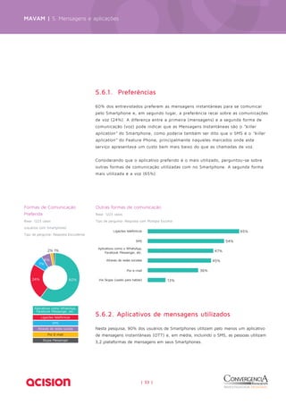MAVAM | 5. Mensagens e aplicações 
5.6.1. Preferências 
60% dos entrevistados preferem as mensagens instantâneas para se comunicar 
pelo Smartphone e, em segundo lugar, a preferência recai sobre as comunicações 
de voz (24%). A diferença entre a primeira (mensagens) e a segunda forma de 
comunicação (voz) pode indicar que as Mensagens Instantâneas são o “killer 
aplication” do Smartphone, como poderia também ser dito que o SMS é o “killer 
aplication” do Feature Phone, principalmente naqueles mercados onde este 
serviço apresentava um custo bem mais baixo do que as chamadas de voz. 
Considerando que o aplicativo preferido é o mais utilizado, perguntou-se sobre 
outras formas de comunicação utilizadas com no Smartphone. A segunda forma 
mais utilizada é a voz (65%). 
Outras formas de comunicação 
Base: 1223 casos 
Tipo de pergunta: Resposta com Múltipla Escolha 
Ligações telefónicas 
SMS 
| 33 | 
Formas de Comunicação 
Preferida 
Base: 1223 casos 
(usuários com Smartphone) 
Tipo de pergunta: Resposta Excludente 
65% 
54% 
47% 
45% 
36% 
13% 
Aplicativos como o WhatsApp, 
Facebook Messenger, etc. 
Através de redes sociales 
Por e-mail 
Vía Skype (usado para hablar) 
2% 1% 
6% 
7% 
24% 60% 
Aplicativos como WhatsApp, 
Facebook Messenger, etc. 
Ligações telefônicas 
SMS 
Através de redes sociais 
Por E-mail 
Skype Messenger 
5.6.2. Aplicativos de mensagens utilizados 
Nesta pesquisa, 90% dos usuários de Smartphones utilizam pelo menos um aplicativo 
de mensagens instantâneas (OTT) e, em média, incluindo o SMS, as pessoas utilizam 
3,2 plataformas de mensagens em seus Smartphones. 
 