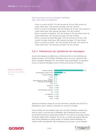 MAVAM | 5. Mensagens e aplicações 
Perfil dos principais serviços de mensagens instantâneas 
(base: 1223 usuários de Smartphone) 
• Entre os usuários de SMS: 61% são menores de 34 anos, 64% provêm da 
classe média baixa, 70% possuem pré-pago, 52% são mulheres 
• Entre os usuários de WhatsApp: 66% são menores de 34 anos, 63% provêm da 
classe média baixa, 68% possuem pré-pagos, 54% são mulheres 
• Entre os usuários do facebook: 67% são menores de 34 anos, 64% provêm da 
classe média baixa, 72% possuem pré-pago, 56% são mulheres 
• Entre os usuários de Skype Messenger: 67% são menores de 34 anos, 56% 
provêm da classe média baixa, 68% possuem pré-pago, 57% são homens 
• Entre os usuários do Twitter: 70% são menores de 34 anos, 76% provêm da 
classe média baixa, 75% possuem pré-pago, 51% são mulheres 
5.6.3 Preferências por plataforma de mensagens 
Quando são analisadas as preferências, as diferenças entre as mais preferidas e as 
demais aumentam. (67%) preferem WhatsApp para se comunicar, seguido do SMS 
(20%) e Facebook Messenger (9%). Isto permite várias interpretações. A impressão é 
de que, no caso das mensagens, ocorre a mesma coisa do que com todos os 
WhatsApp Messenger 
SMS (Mensagem de textos curtos) 
Facebook Messenger 
Outros 
Hangouts 
Skype Messenger (p/ mandar mensagens 
e não para usar como telefone) 
Viber 
Google Talk 
Twitter 
MMS (Mensagens multimídia) 
ICQ 
Line Messenger 
iMessage 
Tinder 
| 36 | 
67% 
20% 
9% 
1% 
1% 
1% 
1% 
0,49% 
0,49% 
0,25% 
0,25% 
0,16% 
0,08% 
0,08% 
Aplicativos preferidos 
Base: Usuários de Smartphones – 
1223 casos 
aplicativos da Internet, sempre há um ator dominando o mercado (mais de 67% de 
penetração) e, para o restante, o fenômeno de “Long Tail” se repete. 
Entre os adultos, há uma tendência maior para usar SMS e Facebook, enquanto que, 
entre os jovens, o uso recai mais no WhatsApp. Não há diferenças entre os níveis 
socioeconômicos entre os usuários das principais MI. Os usuários com pré-pago usariam, 
em grande medida, SMS e Facebook. Por sua vez, os usuários que optaram pelo pós-pago 
usariam WhatsApp em grande medida. As mulheres usariam WhatsApp e os 
homens a SMS, principalmente. Não há diferenças por sexo para o uso do Facebook. 
 
