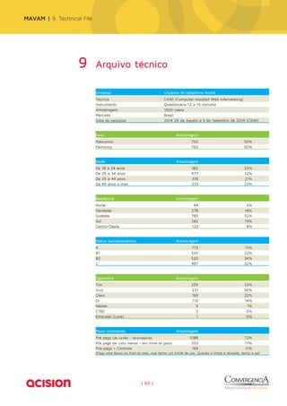 MAVAM | 9. Technical File 
9 Arquivo técnico 
Universo Usuários de telephone móvel 
Técnica CAWI (Computer-Assisted Web Interviewing) 
Instrumento Questionário 12 a 15 minutos 
Amostragem 1500 casos 
Mercado Brasil 
Data da pesquisa 2014 29 de Agosto a 3 de Setembro de 2014 (CAWI) 
Sexo Amostragem 
Masculino 750 50% 
Feminino 760 50% 
Idade Amostragem 
De 18 a 24 anos 382 25% 
De 25 a 34 anos 477 32% 
De 35 a 44 anos 318 21% 
De 45 anos y más 333 22% 
Residência Amostragem 
Norte 44 3% 
Nordeste 278 18% 
Sudeste 783 52% 
Sul 282 19% 
Centro-Oeste 123 8% 
Status Socioeconômico Amostragem 
A 173 11% 
B1 330 22% 
B2 520 34% 
C 487 32% 
Operadora Amostragem 
Tim 259 33% 
Vivo 231 30% 
Claro 169 22% 
Oi 110 14% 
Nextel 9 1% 
CTBC 2 0% 
Embratel (Livre) 1 0% 
Plano contratado Amostragem 
Pré pago (de cartão - recarregável) 1088 72% 
Pós pago (de conta mensal – sem limite de gasto) 253 17% 
Pós-pago + Controle 169 11% 
(Pago uma fatura no final do mês, mas tenho um limite de uso. Quando o limite é atingido, tenho a op) 
˙ 
| 60 | 
 