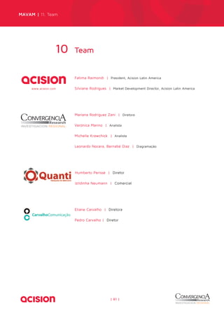 MAVAM | 11. Team 
| 61 | 
10 Team 
Fatima Raimondi | President, Acision Latin America 
Silviane Rodrigues | Market Development Director, Acision Latin America 
Mariana Rodríguez Zani | Diretora 
Verónica Marino | Analista 
Michelle Krawchick | Analista 
Leonardo Nocera, Bernabé Diaz | Diagramação 
Humberto Perissé | Diretor 
Izildinha Neumann | Comercial 
Eliane Carvalho | Diretora 
Pedro Carvalho | Diretor 
www.acision.com 
 