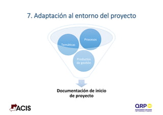 7.  Adaptación  al  entorno  del  proyecto
Documentación	
  de	
  inicio	
  
de	
  proyecto	
  
Productos	
  
de	
  gesDón	
  
TemáDcas	
  
Procesos	
  
 