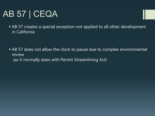 AB 57 | Pause the Clock
If wireless carrier re-submits, weeks or months later,
and application is still incomplete, then City/County
has only 10 days from re-submittal to tell carrier the
Items that are missing and pause the clock again.
Otherwise clock keeps ticking….
 