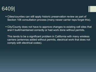 DON’T place RF warning stickers on Small Cells/oDAS on
steel/wood poles at/near ground level.
Place the sticker up near the antenna instead.
Otherwise…......... Planning or Public Works staff will
receive numerous calls from
community members who
aren’t familiar with RF propagation and assume they are being
exposed to RF levels exceeding Federal limits while walking their dog
DO bring an RF engineer to public hearings that can speak in a clear
and understandable manner before the public
DO indicate, in reports, that the RF exposure within a dwelling right
below a rooftop-mounted antenna will fall below 2% (if applicable) of
the FCC’s public exposure limit; for sites on top of apartments/hotels
Do offer RF testing for residents, in their dwelling, at no charge.
Wireless carriers
 
