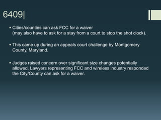DO submit modification permits that already include cleanup items within the scope (moving GPS antenna to
less visible location, fixing broken cable trays or inadequate screening). Also copy the photo simulations onto
the plan set on a sheet preceding the site plan sheet
DON’T tell a City you are putting in a fiber pole only, then come back and add a wireless facility without telling
the City…
DON’T hold community meetings at locations that are hard to find or don’t show up correctly on Google/Yahoo
Maps & Mapquest
DON’T file a brief at the FCC to target a small city as being unreasonable on wireless…if the City doesn’t
actually exist... www.tinyurl.com/attsiliconvalley
DON’T refuse to provide a spot estimate of potential RF exposure, if asked by the Planner, at a nearby public
school playground
Wireless carriers
 