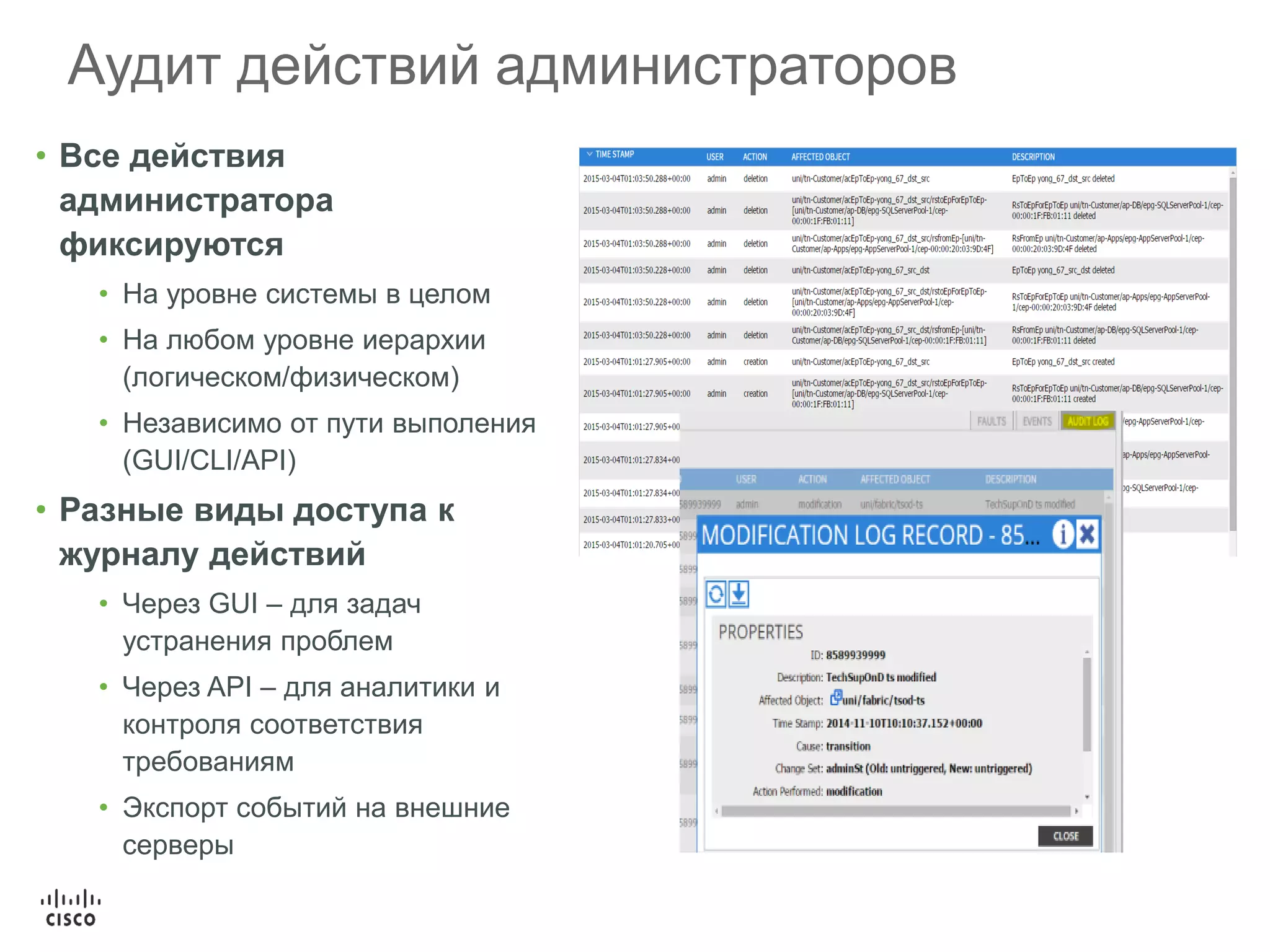 Аудит действий администраторов
• Все действия
администратора
фиксируются
• На уровне системы в целом
• На любом уровне иерархии
(логическом/физическом)
• Независимо от пути выполения
(GUI/CLI/API)
• Разные виды доступа к
журналу действий
• Через GUI – для задач
устранения проблем
• Через API – для аналитики и
контроля соответствия
требованиям
• Экспорт событий на внешние
серверы
 