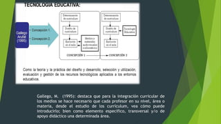 Gallego, M. (1995): destaca que para la integración curricular de
los medios se hace necesario que cada profesor en su nivel, área o
materia, desde el estudio de los currículum, vea cómo puede
introducirlo; bien como elemento específico, transversal y/o de
apoyo didáctico una determinada área.
 