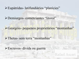 Eupátridas- latifundiários “planícies”
Demiurgos- comerciantes “litoral”
Georgóis- pequenos proprietários “montanhas”
Thetas- sem terra “montanhas”
Escravos- dívida ou guerra
 