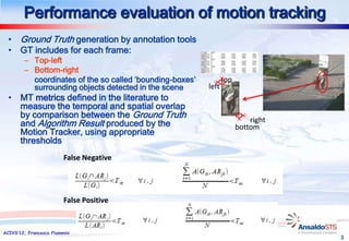 Performance evaluation of motion tracking
  • Ground Truth generation by annotation tools
  • GT includes for each frame:
        – Top-left
        – Bottom-right
          coordinates of the so called ‘bounding-boxes’          top
          surrounding objects detected in the scene       left
  • MT metrics defined in the literature to
    measure the temporal and spatial overlap
    by comparison between the Ground Truth
    and Algorithm Result produced by the                                   right
                                                                       bottom
    Motion Tracker, using appropriate
    thresholds
                         False Negative




                         False Positive


ACIVS’12, Francesco Flammini
                                                                                   3
 