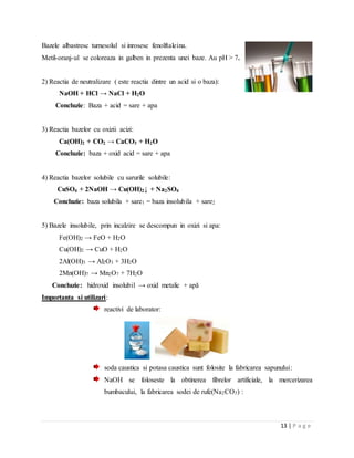13 | P a g e
Bazele albastresc turnesolul si inrosesc fenolftaleina.
Metil-oranj-ul se coloreaza in galben in prezenta unei baze. Au pH > 7.
2) Reactia de neutralizare ( este reactia dintre un acid si o baza):
NaOH + HCl → NaCl + H2O
Concluzie: Baza + acid = sare + apa
3) Reactia bazelor cu oxizii acizi:
Ca(OH)2 + CO2 → CaCO3 + H2O
Concluzie: baza + oxid acid = sare + apa
4) Reactia bazelor solubile cu sarurile solubile:
CuSO4 + 2NaOH → Cu(OH)2↓ + Na2SO4
Concluzie: baza solubila + sare1 = baza insolubila + sare2
5) Bazele insolubile, prin incalzire se descompun in oxizi si apa:
Fe(OH)2 → FeO + H2O
Cu(OH)2 → CuO + H2O
2Al(OH)3 → Al2O3 + 3H2O
2Mn(OH)7 → Mn2O7 + 7H2O
Concluzie: hidroxid insolubil → oxid metalic + apă
Importanta si utilizari:
reactivi de laborator:
soda caustica si potasa caustica sunt folosite la fabricarea sapunului:
NaOH se foloseste la obtinerea fibrelor artificiale, la mercerizarea
bumbacului, la fabricarea sodei de rufe(Na2CO3) :
 