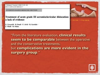 CECCARELLI ET AL. 2008
“From the literature evaluation, clinical results
seem to be comparable between the operative
and the conservative treatments,
but complications are more evident in the
surgery group.“
 