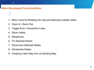 18
18
1. Menu Icons for Rotating the map and selecting multiple nodes.
2. Zoom In / Zoom Out.
3. Toggle Error / Connection Lines.
4. Show Labels.
5. Reoptimize.
6. Fix Selected Nodes.
7. Disconnect Selected Nodes.
8. Randomize Nodes.
9. Creating a New Map from an Existing Map.
Main Developed Functionalities:
 