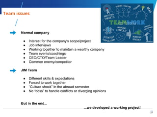 21
21
Normal company
● Interest for the company's scope/project
● Job interviews
● Working together to maintain a wealthy company
● Team events/coachings
● CEO/CTO/Team Leader
● Common enemy/competitor
JIM Team
● Different skills & expectations
● Forced to work together
● “Culture shock” in the abroad semester
● No “boss” to handle conflicts or diverging opinions
But in the end...
...we developed a working project!
Team issues
 