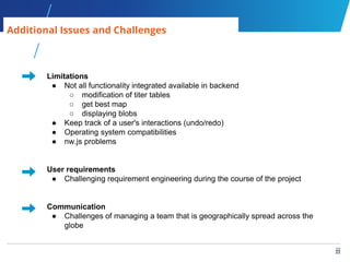 22
22
Additional Issues and Challenges
Limitations
● Not all functionality integrated available in backend
○ modification of titer tables
○ get best map
○ displaying blobs
● Keep track of a user's interactions (undo/redo)
● Operating system compatibilities
● nw.js problems
User requirements
● Challenging requirement engineering during the course of the project
Communication
● Challenges of managing a team that is geographically spread across the
globe
 