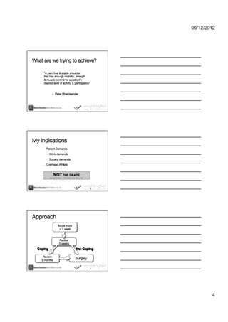 09/12/2012




What are we trying to achieve?

    •     A pain free & stable shoulder "
         that has enough mobility, strength "
         & muscle control for a patient s "
         desired level of activity & participation 


                     •    Peter Rheinlaender




My indications
         !    Patient Demands
              !    Work demands
              !    Society demands
         !    Overhead Athlete




Approach
                            Acute Injury
                             < 1 week


                             Review
                             3 weeks
  Coping
                                   Not Coping

     Review"
    3 months
                                            Surgery




                                                                   4
 