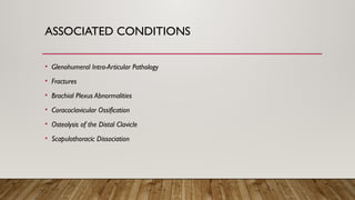 ASSOCIATED CONDITIONS
• Glenohumeral Intra-Articular Pathology
• Fractures
• Brachial Plexus Abnormalities
• Coracoclavicular Ossification
• Osteolysis of the Distal Clavicle
• Scapulothoracic Dissociation
 