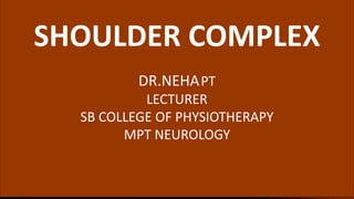SHOULDER COMPLEX
DR.NEHAPT
LECTURER
SB COLLEGE OF PHYSIOTHERAPY
MPT NEUROLOGY
 
