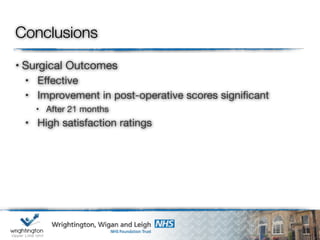 Conclusions
• Surgical Outcomes
• Effective
• Improvement in post-operative scores significant
• After 21 months
• High satisfaction ratings
 
