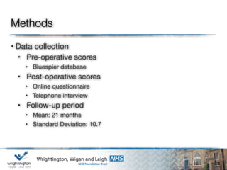 Methods
• Data collection
• Pre-operative scores
• Bluespier database
• Post-operative scores
• Online questionnaire
• Telephone interview
• Follow-up period
• Mean: 21 months
• Standard Deviation: 10.7
 
