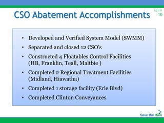 CSO Abatement Accomplishments
                                                 1/21/11
                                                    10




 • Developed and Verified System Model (SWMM)
 • Separated and closed 12 CSO’s
 • Constructed 4 Floatables Control Facilities
   (HB, Franklin, Teall, Maltbie )
 • Completed 2 Regional Treatment Facilities
   (Midland, Hiawatha)
 • Completed 1 storage facility (Erie Blvd)
 • Completed Clinton Conveyances
 