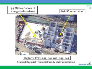 1/21/11
5.5 Million Gallons of                                                17
storage (sub-surface)                        Swirl Concentrators




          Captures CSOs 039, 041, 042, 043, 044
     Midland Regional Treatment Facility under construction
 