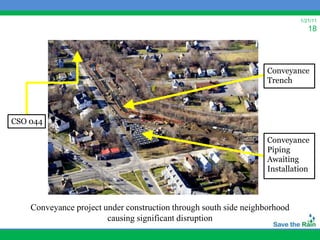 1/21/11
                                                                               18




                                                                   Conveyance
                                                                   Trench




CSO 044

                                                                   Conveyance
                                                                   Piping
                                                                   Awaiting
                                                                   Installation



    Conveyance project under construction through south side neighborhood
                        causing significant disruption
 