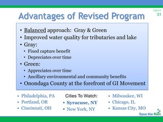 1/21/11


Advantages of Revised Program                                    31


 • Balanced approach: Gray & Green
 • Improved water quality for tributaries and lake
 • Gray:
   • Fixed capture benefit
   • Depreciates over time
 • Green:
   • Appreciates over time
   • Ancillary environmental and community benefits
 • Onondaga County at the forefront of GI Movement

• Philadelphia, PA    Cities To Watch:    • Milwaukee, WI
• Portland, OR       • Syracuse, NY       • Chicago, IL
• Cincinnati, OH     • New York, NY       • Kansas City, MO
 