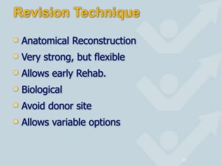 Revision Technique
! Anatomical Reconstruction
! Very strong, but flexible
! Allows early Rehab.
! Biological
! Avoid donor site
! Allows variable options
15
 