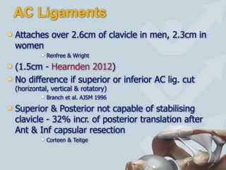AC Ligaments
5
! Attaches over 2.6cm of clavicle in men, 2.3cm in
women
! Renfree & Wright
! (1.5cm - Hearnden 2012)
! No difference if superior or inferior AC lig. cut
(horizontal, vertical & rotatory)
! Branch et al. AJSM 1996
! Superior & Posterior not capable of stabilising
clavicle - 32% incr. of posterior translation after
Ant & Inf capsular resection
! Corteen & Teitge
 