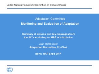 Adaptation Committee
Monitoring and Evaluation of Adaptation
Summary of lessons and key messages from
the AC’s workshop on M&E of adaptation
Juan Hoffmaister
Adaptation Committee, Co-Chair
Bonn, NAP Expo 2014
 