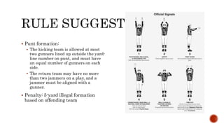 ? Punt formation:
? The kicking team is allowed at most
two gunners lined up outside the yard-
line number on punt, and must have
an equal number of gunners on each
side.
? The return team may have no more
than two jammers on a play, and a
jammer must be aligned with a
gunner.
? Penalty: 5-yard illegal formation
based on offending team
 