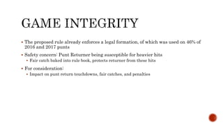 ? The proposed rule already enforces a legal formation, of which was used on 46% of
2016 and 2017 punts
? Safety concern: Punt Returner being susceptible for heavier hits
? Fair catch baked into rule book, protects returner from these hits
? For consideration:
? Impact on punt return touchdowns, fair catches, and penalties
 