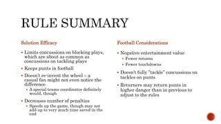 Solution Efficacy
? Limits concussions on blocking plays,
which are about as common as
concussions on tackling plays
? Keeps punts in football
? Doesnt re-invent the wheel C a
casual fan might not even notice the
difference
? A special teams coordinator definitely
would, though
? Decreases number of penalties
? Speeds up the game, though may not
add up to very much time saved in the
end
Football Considerations
? Negative entertainment value
? Fewer returns
? Fewer touchdowns
? Doesnt fully tackle concussions on
tackles on punts
? Returners may return punts in
higher danger than in previous to
adjust to the rules
 