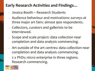 Early Research Activities and Findings…
   Jessica Booth – Research Students
   Audience behaviour and motivations: surveys at
   three major art fairs: almost 900 respondents.
   Collectors, curators and gallerists to be
   interviewed.
   Scope and scale project: data collection near
   completion and data analysis commencing.
   Art outside of the art centres: data collection near
   completion and data analysis commencing.
   2 x PhDs: micro enterprise in three regions.
   Research commencing.
 
