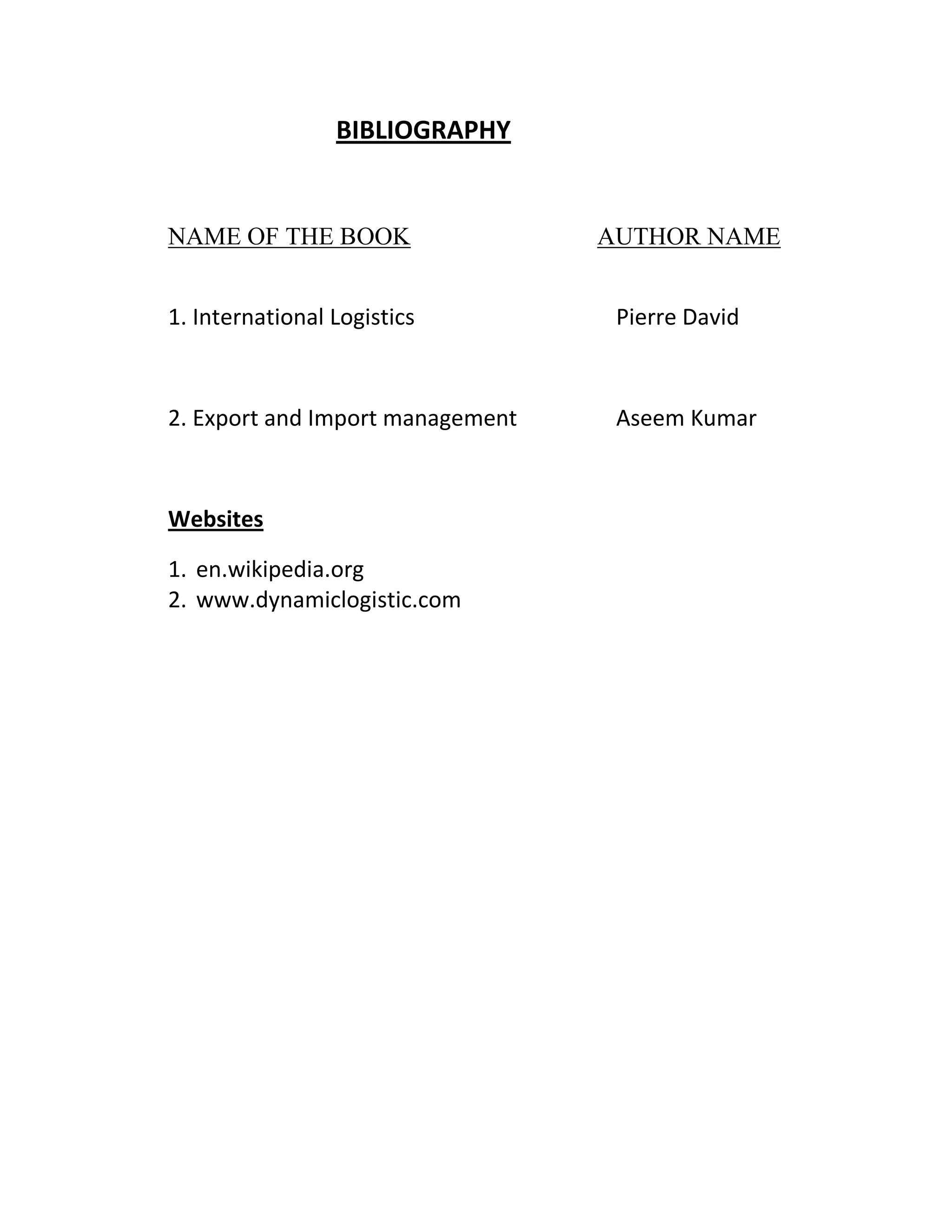 BIBLIOGRAPHY


NAME OF THE BOOK                  AUTHOR NAME


1. International Logistics         Pierre David



2. Export and Import management    Aseem Kumar



Websites

1. en.wikipedia.org
2. www.dynamiclogistic.com
 