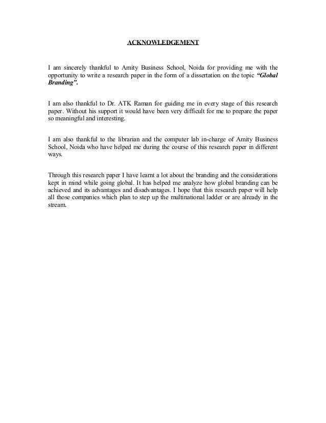 Acknowledgement for research paper