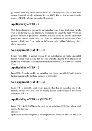 14
g) Income from any source outside India 16. In whose case: The tax has been
deducted on cash withdrawal under Section 194N. The tax has been deferred in
respect of ESOPs allotted by an eligible start-up.
Applicability of ITR – 2
This Return Form is to be used by an individual or an Hindu Undivided Family
who is not having income chargeable to income-tax under the head “Profits or
gains of business or profession”. Further, in a case where the income of another
person like spouse, minor child, etc., is to be clubbed with the income of the
taxpayer, this Return Form can be used if income to be clubbed falls in any of the
above categories.
Non-applicability of ITR – 2
Return Form ITR – 2 cannot be used by an individual or an Hindu Undivided
Family whose total income for the year includes income from Business or
Profession or he wants to claim deduction under section 10AA or part-c of chapter
VI-A.
Applicability of ITR – 3
Form ITR – 3 can be used by an individual or a Hindu Undivided Family who is
having income under the head business or profession
Non-applicability of ITR – 3
Form ITR – 3 cannot be used by any person other than an individual or a HUF.
Further, an individual or a HUF not having income from business or profession
cannot use ITR – 3.
Applicability of ITR – 4 (SUGAM)
Form ITR – 4 (SUGAM) can be used by an individual/HUF/Firm whose total
income for the year
includes :
a) Business income computed as per the provisions of section 44AD or 44AE; or
 