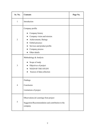 7
Sr. No. Contents Page No.
1 Introduction
2
Company profile
● Company history
● Company vision and mission
● Achievements, Ratings
● Global presence
● Services and product profile
● Company process
● Other details
3
Methodology & Analysis
● Scope of study
● Objectives of project
● NEED OF THE STUDY
● Sources of data collection
4
Findings
Conclusion
Limitations of project
5
Observations & Learnings from project
Suggestion/Recommendation and contribution to the
company
 