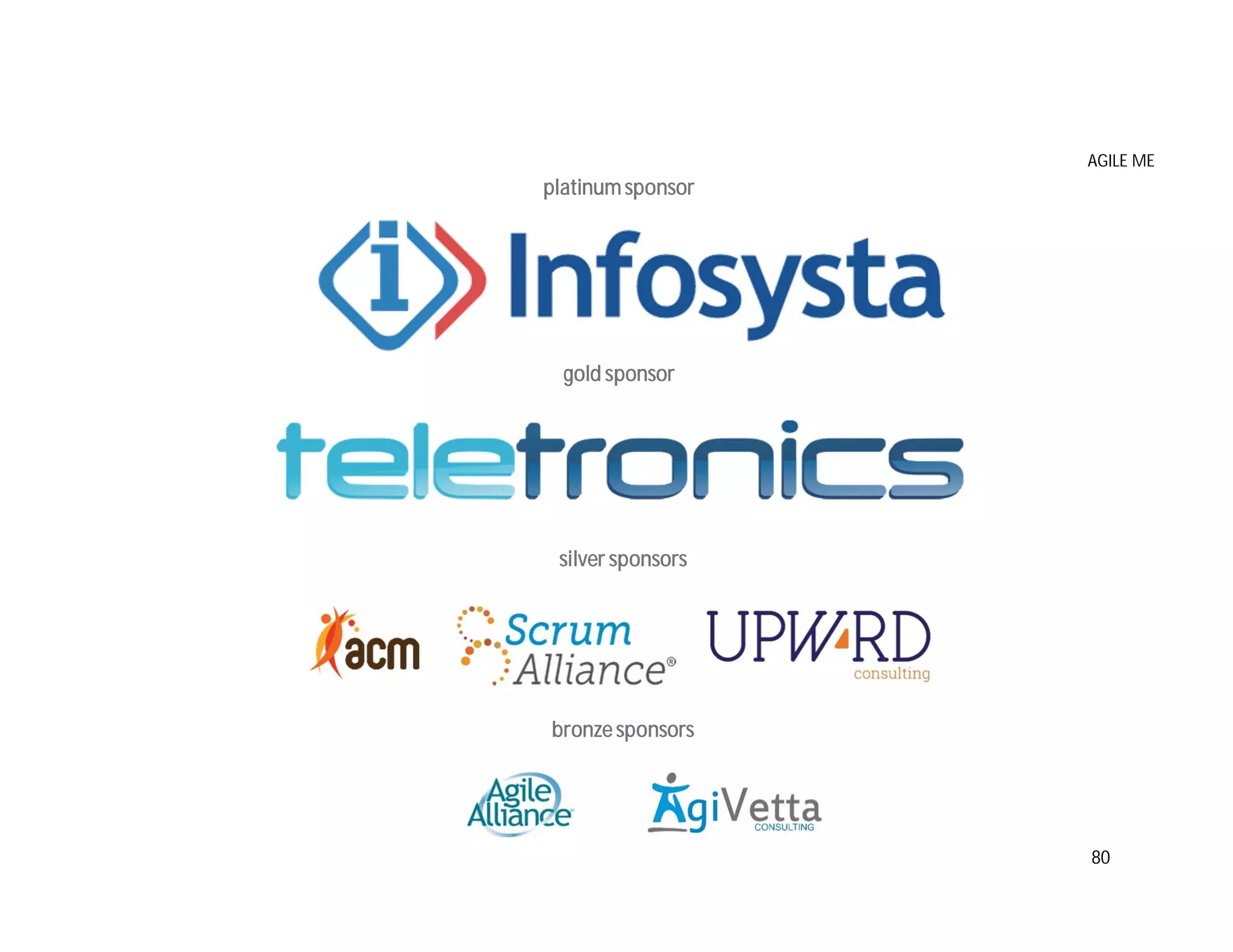 AGILE ME
80
platinumsponsor
gold sponsor
silver sponsors
bronzesponsors
 