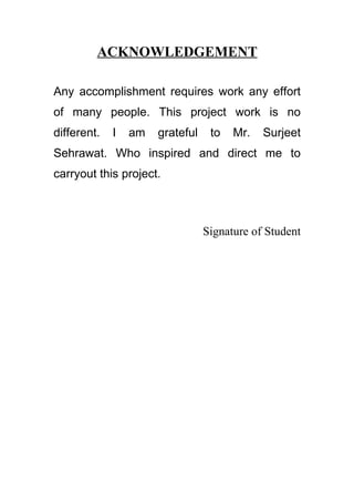 ACKNOWLEDGEMENT

Any accomplishment requires work any effort
of many people. This project work is no
different.   I   am   grateful    to   Mr.   Surjeet
Sehrawat. Who inspired and direct me to
carryout this project.



                                 Signature of Student
 