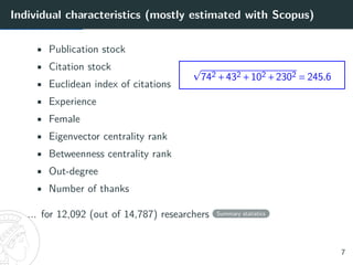 Individual characteristics (mostly estimated with Scopus)
• Publication stock
• Citation stock
• Euclidean index of citati...