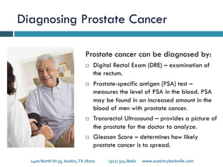 Diagnosing Prostate Cancer
Prostate cancer can be diagnosed by:
¨  Digital Rectal Exam (DRE) – examination of
the rectum.
¨  Prostate-specific antigen (PSA) test –
measures the level of PSA in the blood. PSA
may be found in an increased amount in the
blood of men with prostate cancer.
¨  Transrectal Ultrasound – provides a picture of
the prostate for the doctor to analyze.
¨  Gleason Score – determines how likely
prostate cancer is to spread.
1400	
  North	
  IH	
  35,	
  Austin,	
  TX	
  78701 	
   	
  (512)	
  324-­‐8060 	
  www.austincyberknife.com	
  
 