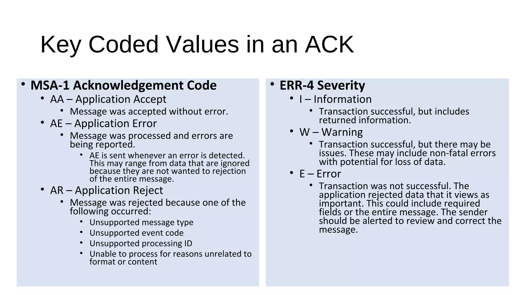 Key Coded Values in an ACK
• MSA-1 Acknowledgement Code
• AA – Application Accept
• Message was accepted without error.
• AE – Application Error
• Message was processed and errors are
being reported.
• AE is sent whenever an error is detected.
This may range from data that are ignored
because they are not wanted to rejection
of the entire message.
• AR – Application Reject
• Message was rejected because one of the
following occurred:
• Unsupported message type
• Unsupported event code
• Unsupported processing ID
• Unable to process for reasons unrelated to
format or content
• ERR-4 Severity
• I – Information
• Transaction successful, but includes
returned information.
• W – Warning
• Transaction successful, but there may be
issues. These may include non-fatal errors
with potential for loss of data.
• E – Error
• Transaction was not successful. The
application rejected data that it views as
important. This could include required
fields or the entire message. The sender
should be alerted to review and correct the
message.
 