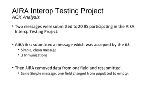 AIRA Interop Testing Project
ACK Analysis
• Two messages were submitted to 20 IIS participating in the AIRA
Interop Testing Project.
• AIRA first submitted a message which was accepted by the IIS.
• Simple, clean message
• 3 Immunizations
• Then AIRA removed data from one field and resubmitted.
• Same Simple message, one field changed from populated to empty.
 